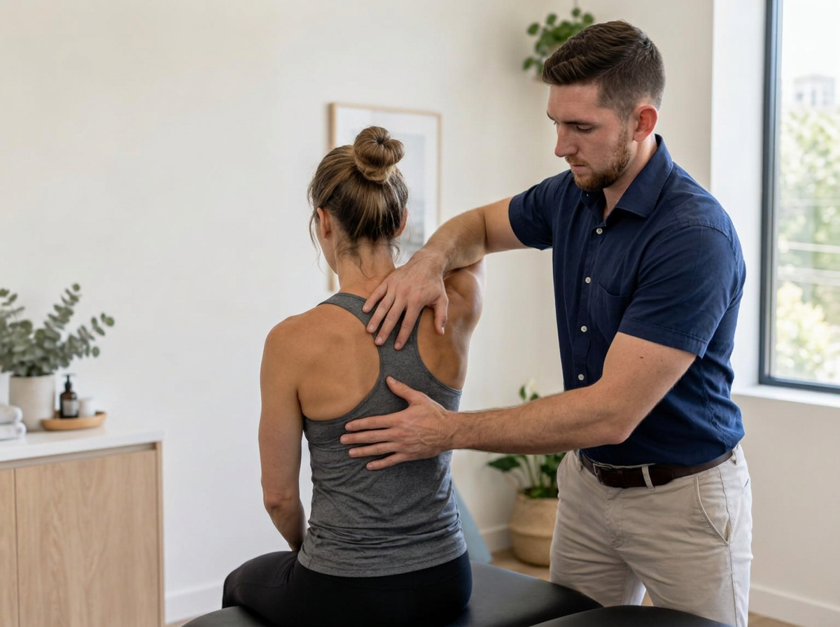 An osteopath assessing a patient's shoulder movement
